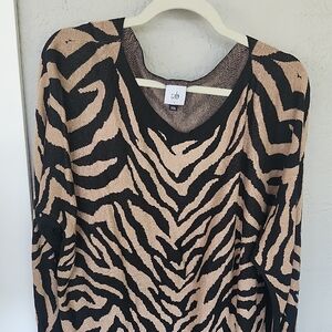 CAbi Black and Tan V-Neck Sweater with Bold Animal Print